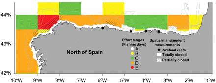 Fishery effort in the study area. Fishery effort data were calculated using two variables: spatial management measures (artificial reefs and closed areas) and fishery effort data (derived from official logbooks). The effort ranges are detailed in the text.