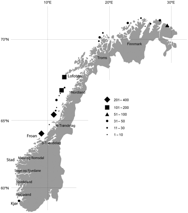 Norwegian grey seal breeding sites with indicated number of pups.