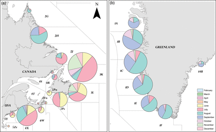 Geographic distribution of Carlin tag recoveries of US-origin Atlantic salmon by month of the year (a) in US and Canadian waters and (b) at Greenland. The areas shown are NAFO Divisions, except at East Greenland where the area shown is ICES Statistical Area XIV. For scale, the smallest sample size (n= 2) came from NAFO Division 4T in the Gulf of St Lawrence and the largest sample size (n= 712) from NAFO Division 3K off Newfoundland.