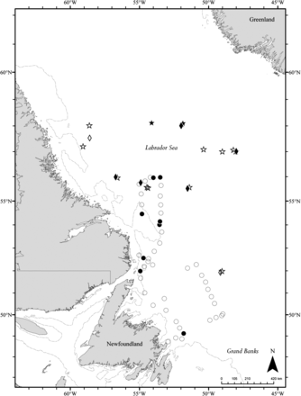 SALSEA North America station locations and the 200 m isobath. Map symbols represent surface trawl stations (2008, circles; 2009, stars), gillnet sets (diamonds), and stations where Atlantic salmon were caught (filled symbols) and not caught (open symbols).