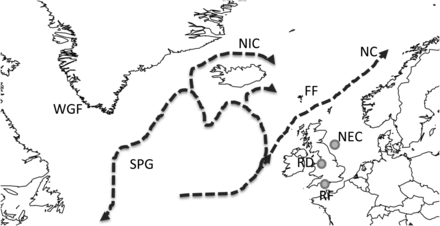 Location of sample populations and a schematic diagram of the main warm surface currents in the North Atlantic (NC, North Atlantic Current; SPG, Subpolar Gyre; NIC, North Icelandic Current); RF, River Frome, NEC, northeast coast, RD, River Dee. Locations of distant-water salmon fisheries are indicated as follows: FF, Faroese fishery; WGF, West Greenland fishery.