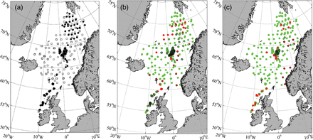 (a) Locations of trawl stations in 2008 (black dots) and 2009 (squares). The area of overlap between observed (2008/2009) and modelled (2008) distributions of post-smolts for (b) the southern and (c) the northern stock. The modelled distribution is only presented if it is within a radius of 25 km of the observed location and with less than 1-week difference in time. Green points indicate where the modelled and observed concentrations of post-smolts are consistent, i.e. post-smolt are present in either both or neither of them. Red points are where observations of post-smolts are available but are inconsistent with the model, i.e. post-smolts are present in either the observations but not in the model or the opposite. A black ring around a green or a red point indicates that modelled post-smolts are present.