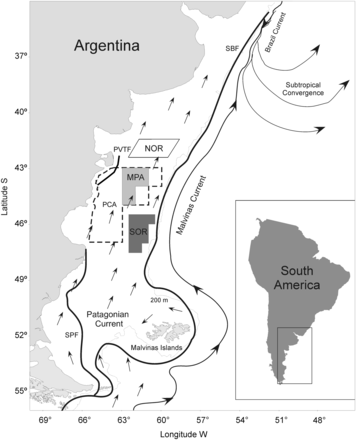 Study area in the Patagonian Shelf Large Marine Ecosystem. The Patagonian closed area (PCA; dotted line) established at the end of 1997 and the three zones analysed are shown: MPA (marine protected area; light grey background), NOR (northern fishing area outside the reserve boundaries; white background), and SOR (southern fishing area outside the reserve limits; dark grey background). Black arrows represent mean water circulation on the Argentine Continental Shelf, and black lines the main frontal systems (SBF =Shelf break front, PVTF =Península Valdés tidal front, SPF =Southern Patagonian front) in a schematic way (adapted from Matano et al., 2010).