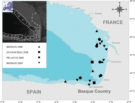 Study area and location of samples used in the study in relation to the survey. Predefined geographical areas (Cotano et al., 2008) are shown in the small map in the top left of the figure. Pelagic trawl was used to catch fish samples during BIOMAN 2008 (May 6–May 26) and BIOMAN 2009 (May 5–May 25) surveys aboard the R/V Emma Bardán (Vigo) and aboard the R/V Thalassa (IFREMER) during the PELACUS 2008 survey (Sept 17–Oct 16). Purse seine was used to catch samples during ECOANCHOA 2008 survey (June 27–July 13) aboard the F/V Ama Antiguakoa (Ondarroa).