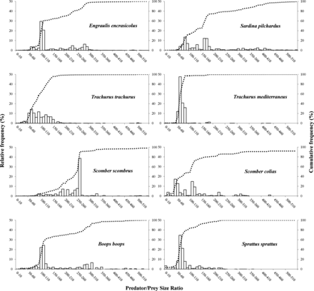 Relative frequency distribution of abundances of prey consumed by small pelagic predators. Cumulative PPSR frequencies are indicated by discontinuous lines. A PPSR value of 550 has been used as the cut-off point in graphs, which covers ≥91.93% of the accumulated frequency.