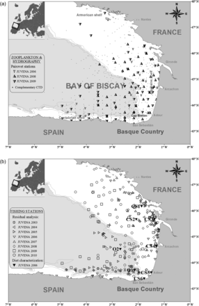 Study area. (a) Zooplankton sampling, with Pairovet stations of different JUVENA surveys (2006, 2008 and 2009). A CTD device was attached to the Pairovet net in all the sampling stations; complementary CTD profiles obtained in those years with no zooplankton data have been also indicated in the map. (b) Fishing stations used for the stomach weight-eviscerated weight residual analysis in different JUVENA surveys (2003–2010), as well as those from JUVENA 2006 in which the complete diet characterization was analysed: six stations on the continental shelf (CS1–CS6) and two off the shelf (O1–O2).