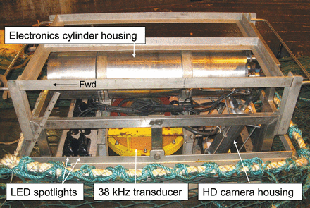 Acoustic–optical system (AOS) components within the steel frame attached to the headline of the trawl. Twelve trawl floats were lashed to the top of the frame before deployment to achieve neutral buoyancy.