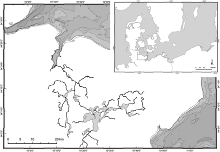 Study area: Schwentine River system in northern Germany, discharging into the Baltic Sea. The inset shows the location of the study area in the Baltic Sea area. Black bars in the main map indicate hydropower stations.