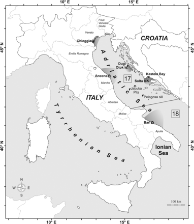 The Adriatic Sea. Italian regions, sampling sites (shaded areas), and the main localities cited in the text are indicated. The dotted line indicates the boundary between Geographical Subareas (GSA) 17 and 18 following the General Fisheries Commission for the Mediterranean.