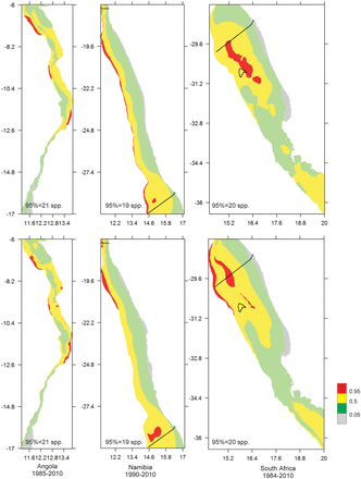 Horizontal map of the study areas in Angola, Namibia, and South Africa showing quantiles of species richness according to predictions of KED (top panels) and GAMs (bottom panels), for the entire study period. Hotspots are the red areas, i.e. with species richness ≥95% quantile; the number of species represented by the 95% quantile is shown.