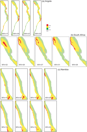 Horizontal map of the study areas in (a) Angola, (b) South Africa, and (c) Namibia, showing quantiles of species richness according to predictions of GAMs (a, b, and top panels of c) or KEDs (lower panel of c), for the shorter periods within the study period. Hotspots are the red areas, i.e. with species richness ≥95% quantile; the number of species represented by the 95% quantile is shown.