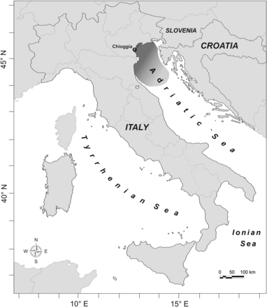 The Adriatic Sea. The location of Chioggia (circle) and the fishing ground targeted by its fleet in the northern Adriatic Sea (shaded area) are indicated.