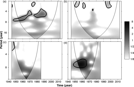Continuous wavelet power spectrum of the landings of elasmobranch categories. (a) skates; (b) catsharks; (c) sharks; (d) total elasmobranchs. The wavelet power is represented in normalized variance units. The 0.05 significance level is given by the thick contours, while the areas where results are potentially biased by the proximity to the start or to the end of the time-series are indicated by the paler shades outside the so-called cone of influence.
