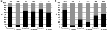 Sexual maturity of landed elasmobranch. (a) females; (b) males. The percentages of immature individuals are represented in black, the mature ones in grey. Numbers above bars represent sample size.