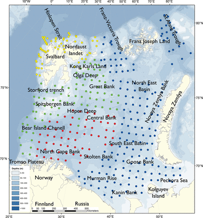Sampling stations in the Barents Sea map coloured in according to the research vessels: Helmer Hanssen (yellow), Johan Hjort (green), Geo Sars (red), Vilnius (blue).