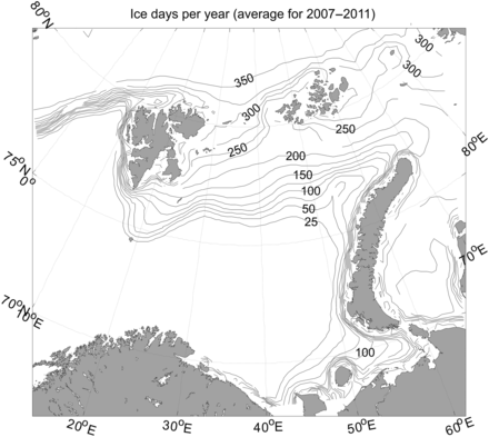 Barents Sea with number of days with ice present in a 25-by-25 km grid resolution where each grid cell was calculated based on average ice concentration data for the period 2007–2011.
