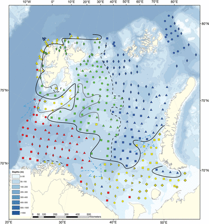 Distribution of the Barents Sea station clusters, based on fauna similarity (Bray–Curtis similarity index and Ward clustering, Figure 4) with the northern (green and blue) and southern (yellow and red) region where the black whole line is the approximate north-south division illustrating the “benthic Polar Front”. The grey full line is the approximate oceanographic Polar Front. The almost vertical dotted line: is partly illustrating a west-east division. Red: South West subregion (SW)—squares, SW 1; circles, SW 2; diamonds, SW 3; triangles, SW 4. Yellow: Southeast, banks and Svalbard coast (SEW)—squares, SE 5; diamonds, SE 6; cross, SE 7; triangles on side SE 8, triangles SE 9, circles, SE 10. Green: Northwest and Svalbard fjords (NW)—squares, NW 11; triangles, NW 12; diamonds, NW 13; circles, NW 14. Blue: Northeast (NE)—squares, NE 15; triangles, NE 16; triangles on side NE 17; circles,, NE 18, diamonds NE 19.