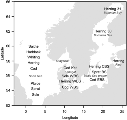 Map of the study area with the approximate centre of distribution of the 18 stocks.