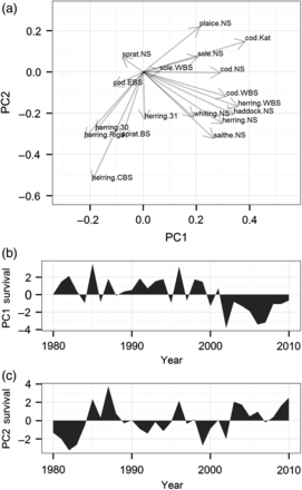 Results of probabilistic PCA identifying common spatial patterns of co-variability. (a) Biplot of the two principal components of a pPCA on all stocks studied for the period 1980–2010, and (b and c) the corresponding PC time series.