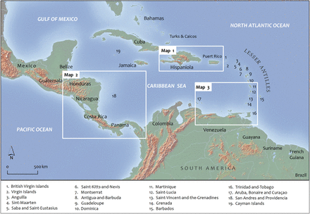 Map of the wider Caribbean region including the Gulf of Mexico, Greater and Lesser Antilles, Central America, and northern South America. Three insets, labelled Map 1—Map 3, provide subregional accounts of the distribution of a select number of specimens presented in this study. Map shape files downloaded from DIVA-GIS.