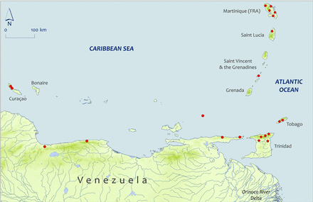 Sub Map 3: Capture/collection locations for selected specimens reported from south Lesser Antilles and Central and Eastern Venezuela. Map shape files downloaded from DIVA-GIS.