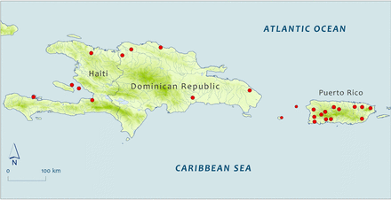 Sub Map 1: Capture/collection locations of selected specimens reported from the islands of Hispaniola and Puerto Rico in the Greater Antilles. Map shape files downloaded from DIVA-GIS.