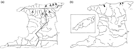 American eel records (a) from Trinidad figured by Kenny (1995) and (b) from Trinidad and Tobago figured by Phillip (1998). Both authors sampled throughout Trinidad. Tobago is located ∼38 km northeast of Trinidad; Tobago is inset in (b) for simplicity.