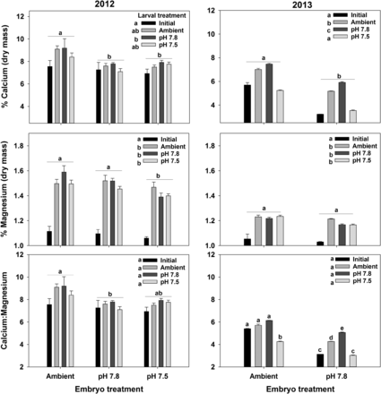 Effects of exposure to acidified water at the embryo and larval stages on calcium and magnesium content and the Ca:Mg ratio in Tanner crab larvae. Bars are the mean + 1 standard error. For the larval treatments, Initial represents the larvae immediately after hatching and Ambient, pH 7.8, and pH 7.5 represent the treatment larvae we held in for 7 d. Statistically significant differences (Tukey's test) among embryo treatments are indicated with letters over groups of bars; differences among Larval treatments are indicated with letters next to the legend. Where there was an interactive effect, difference is indicated with letters over each bar. Results for the 2012 experiments are in the left-side plots and those for the 2013 experiments are on the right-side plots.