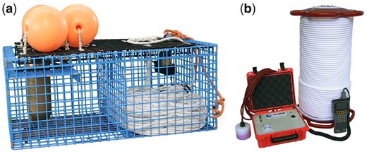 (a) Edgetech Ropeless fishing system (Edgetech Corp., Wareham, MA, USA; https://www.edgetech.com/fisheries-science-underwater-research/). (b) Fiobuoy AC-200 trap release system (FioBuoy, FioMarine, Australia; http://www.fiomarine.com/).