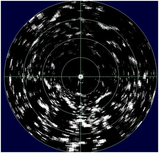 Sector scanning sonar image of Tanner crabs Chionoecetes bairdi in Chiniak Bay, Alaska, taken from a remotely operated vehicle, with transducer located 0.5 m off bottom. Radius is 10 m, with 2.5 m between concentric circles. Small white spots are individual male crabs; larger “blotches” are aggregations of females.