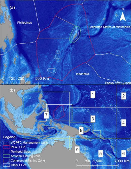 Palau's Exclusive Economic Zone (EEZ) with locations of Territorial Seas (grey polygons), Artisanal Fishing Zone (green polygon), Commercial Fishing Zone (orange polygon), the Palau National Marine Sanctuary (red polygon) and the EEZs of other western pacific nations (white polygons) indicated by colored polygons in panel A. Palau's EEZ (red polygon) and the numbered management zones (yellow polygons) that are used in the Western and Central Pacific Fisheries Management Commissions (WCPFC) stock assessments for yellowfin tuna in panel B.