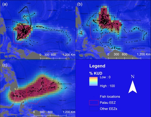 The most likely geolocations of all yellowfin tuna (a), blue marlin (b), and sailfish (c) tracked over the course of this study (black dots), with Kernel Density Distributions (KUDs) indicating the core areas of space use over the duration of their tracks overlaid on the EEZs of Palau (red polygon) and the EEZs of the surrounding countries (black polygons) in the western Pacific Ocean (the high to low utilization of these areas is represented by the color scale red–yellow–green–blue).