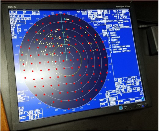 The radar screen set to 6 nm (each ring representing 1 nm) from a fishing vessel on the northern edge of Georges Bank USA. The yellow dots are highflyer buoys marking the ends of a string of lobster pots. The red dot matrix is a representation of windfarm turbines on a 1 nm grid suggested by the US Coast Guard with 121 within the 6 nm radar radius.