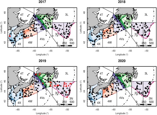Locations of longline survey stations in 2017, 2018, 2019, and 2020. The 3NOPs4VWX5Zc Atlantic halibut stock survey area is denoted by the coloured area, with five area strata: 4X5YX (blue), 4W (orange), 4V (purple), 3P (green), and 3NO (red), and three depth strata: 30–130 m (light colour), 131–250 m (medium colour), and 251–750 m (dark colour). NAFO subdivsions are labelled, and separated by solid lines. The exclusive economic zones of Canada and France are shown with dashed lines. NAFO subdivision 3Pn is not part of the stock area, but is currently included in the survey. Black triangles are the successfully completed stations and red triangles are the incomplete stations. Scale bar is in kilometres.