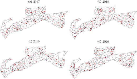 The survey stations and the Dirichlet tessellation for 2017, 2018, 2019, and 2020.