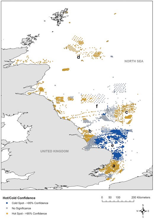 Output of a Hot Spot Analysis (Getis-Ord Gi*) of mean relative sensitivity of samples within the North Sea, displaying the locations of statistically significant clusters of high and low mean relative sensitivity values (p < 0.05).