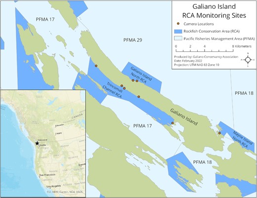 Map of the study region. Rockfish Conservation Areas labelled on the map were monitored with trail cameras (red circles). The numbered polygons in the water are Pacific Fisheries Management Areas (PFMA).