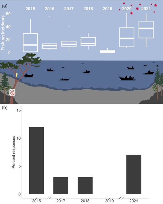 Results of trail camera monitoring of RCAs around Galiano Island during peak fishing season from 2015 to 2021, depicting (a) the number of suspected or confirmed angling incidents per 100 d of monitoring data, and (b) survey responses showing the proportion of respondents who personally know someone who intentionally fished illegally in RCAs in the past two years. The water in the infographic is a RCA, the boats illustrate approximate suspected non-compliance seen each year, and the red virus particles depict pandemic years. See Supplementary Table S1 for the camera data, and Table 2 for the survey data. Survey data was not available for 2016 and 2020.