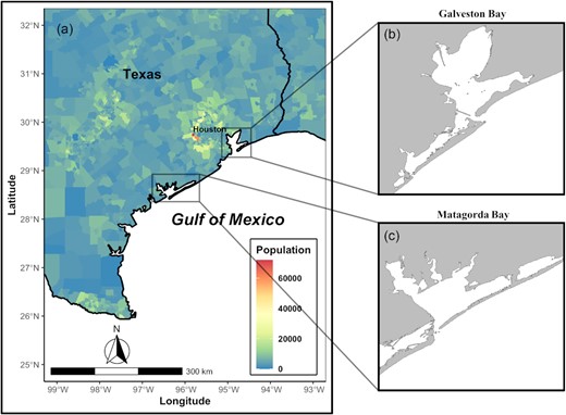 (a) Population density by census tract in Southeast Texas, USA (data from the 2020 decennial US census). (b and c) Maps of Galveston Bay and Matagorda Bay.
