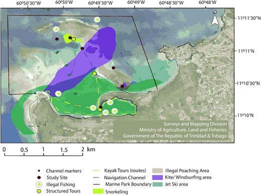 Spatial extent of socioeconomic activities in the Buccoo Reef study area (as identified by tour operators and local experts).