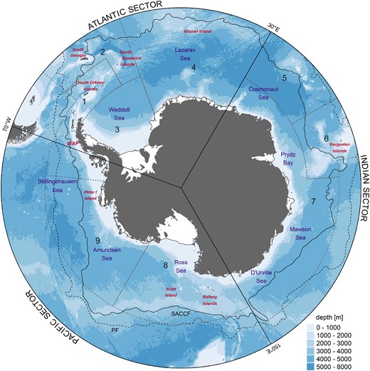 Map of the study area highlighting referenced locations throughout the text and the CCAMLR Marine Protected Area (MPA) Planning Domains (1–9) as stippled black lines. Seas are denoted in purple and island groups in red. Solid lines illustrate the common division of the Southern Ocean into the Atlantic, Indian, and Pacific sectors. Bathymetry (BATH) data displayed is IBCSO v2 (Dorschel et al., 2022). The Polar Front (PF) and Southern Antarctic Circumpolar Current Front (SACCF) are illustrated as stippled and solid black lines, respectively (Park et al., 2019). WAP - West Antarctic Peninsula. The Planning Domains are Domain 1: Western Peninsula - South Scotia Arc; Domain 2: North Scotia Arc; Domain 3: Weddell Sea; Domain 4: Bouvet Maud; Domain 5: Crozet - del Cano; Domain 6: Kerguelen Plateau; Domain 7: Eastern Antarctica; Domain 8: Ross Sea; and Domain 9: Amundsen - Bellingshausen.