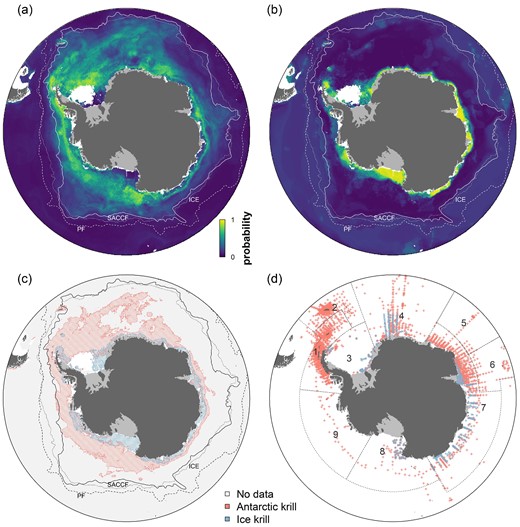 Habitat suitability estimates for (a) Antarctic krill (E. superba) and (b) Ice krill (E. crystallorophias). (c) Comparison of estimated habitat based on species-specific HSMs using 0.40 and 0.46 as binary cut-off maximizing the area under the receiver operating characteristic curve (AUC) for Antarctic krill and Ice krill, respectively. The PF, SACCF, and >10 d with sea ice coverage each year (ICE) are illustrated in (a–c) as stippled, solid black, and dotted lines, respectively (Park et al., 2019). (d) Observational data distribution (presences and absences) for the two species used to model species-specific HSM, including CCAMLR MPA Planning Domains 1–9.