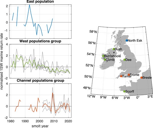 Population groupings: normalized 1SW return rate by population (thin lines) and combined 1SW return rate by population grouping (thick lines).