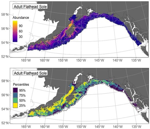 Alt text: Two-paneled figure showing maps of SDM-informed fish abundance and EFH. The upper panel shows that adult flathead sole is greatest closest to land, which is reflected by EFH hotspots in the lower panel.