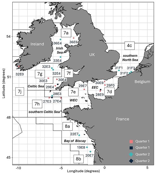 Map with sampling locations of sole in quarter one (square shape) and quarter two (diamond shape) of 2022 with ICES areas (black lines) and statistical rectangles (grey lines). The colours of the sampling points represent the type of data used in this study: biological and genetic data (pink and light blue) and only biological data (dark blue).