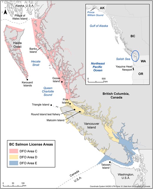 Map of study area in British Columbia, Canada, including Department of Fisheries and Oceans (DFO) Salmon License Areas where gillnet entanglement mortality was estimated by Bertram et al. (2021).
