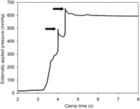 Example plot of the externally applied pressure. The arrows indicate the first and second cog occlusion of the clamp, followed by a plateau below the peak value.
