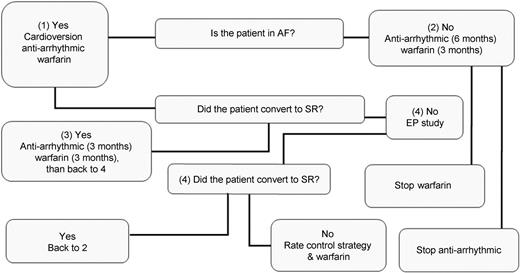 Postoperative management algorithm after three months and follow-up. EP, electrophysiologist; AF, atrial fibrillation; SR, sinus rhythm.
