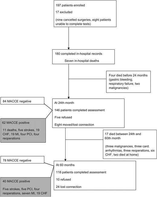 Study profile. The diagram shows the main steps of the study including patients who died and those who had major adverse outcome during five-year follow-up. CHF, congestive heart failure; MACCE, major adverse cardiac and cerebrovascular event; MI, myocardial infarction; PCI, percutaneous coronary intervention.