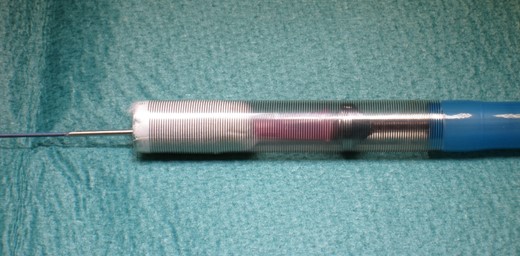 Over-the-wire apical closure TA PLUG loaded into the 33F delivery system, ready for implantation.